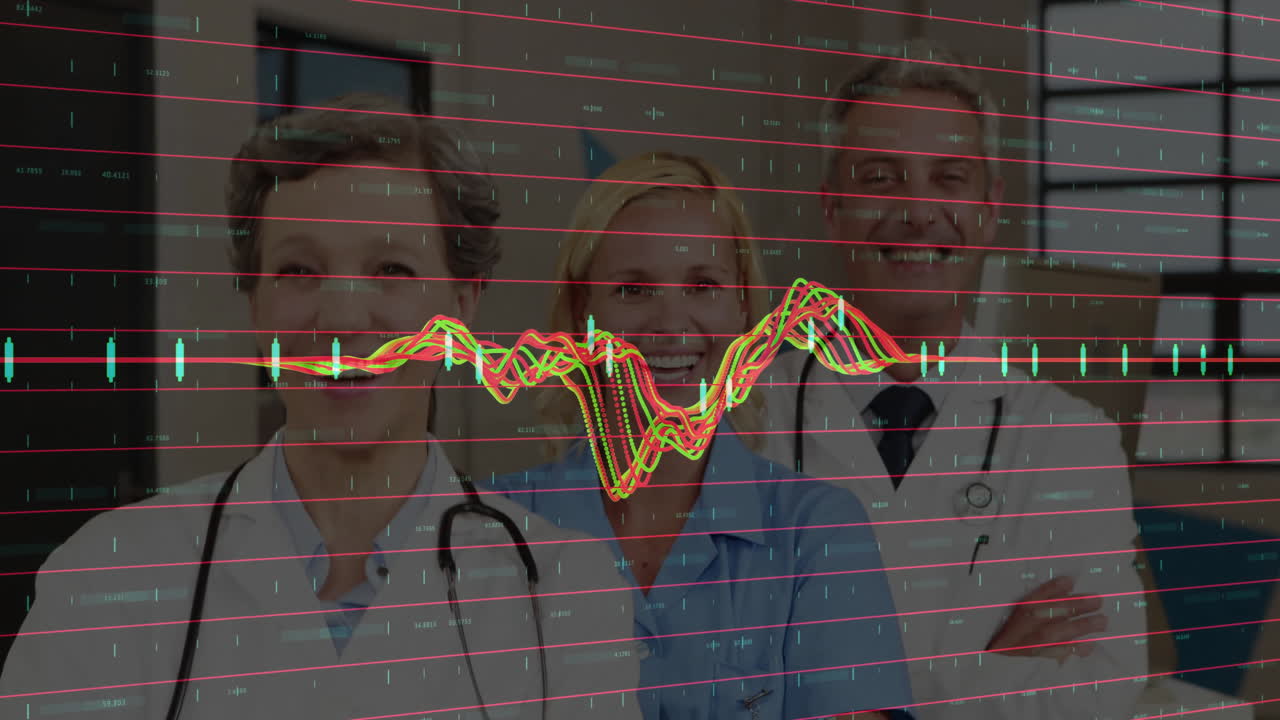 Medical team standing in hospital, displaying digital red grid and green-yellow line chart