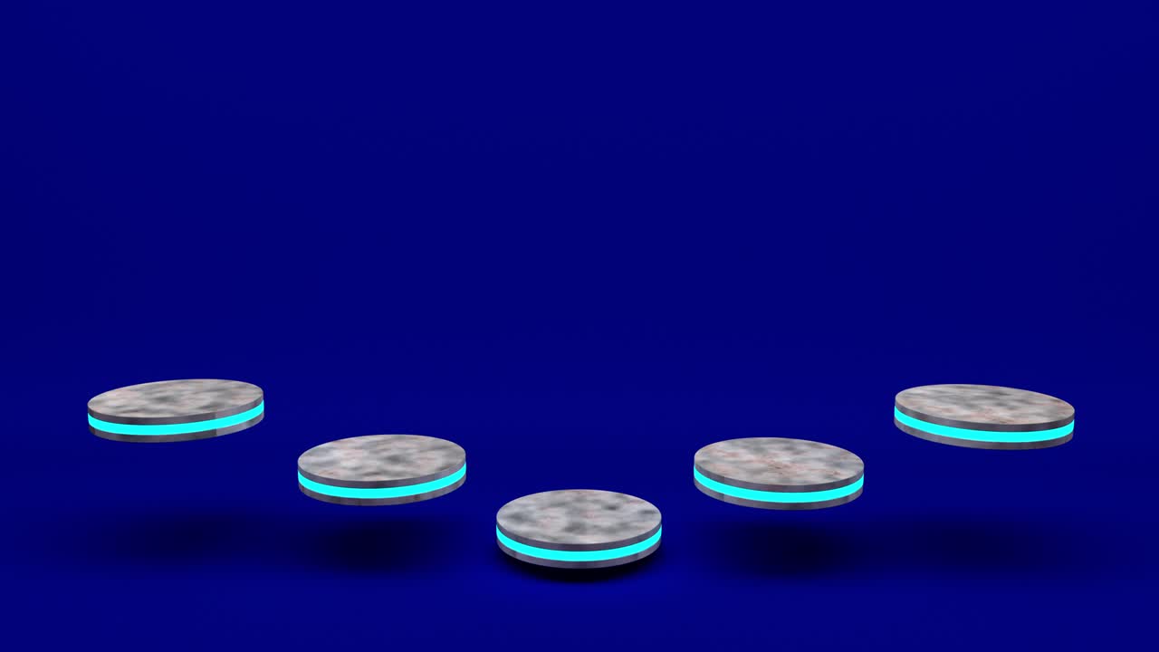 Marble product stand futuristic or podium pedestal on empty display growing flashing light with blue backdrops. 3D rendering. seamless loop.