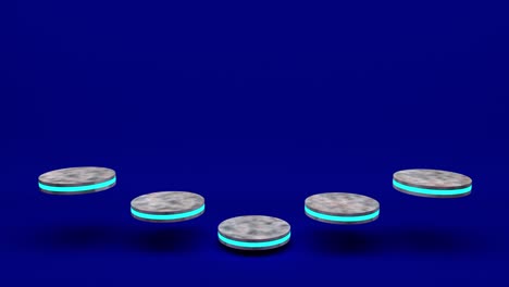 el soporte de producto de mármol es un pedestal futurista o de podio en una pantalla vacía que crece con una luz intermitente con telón de fondo azul. renderización 3d. bucle sin costuras.