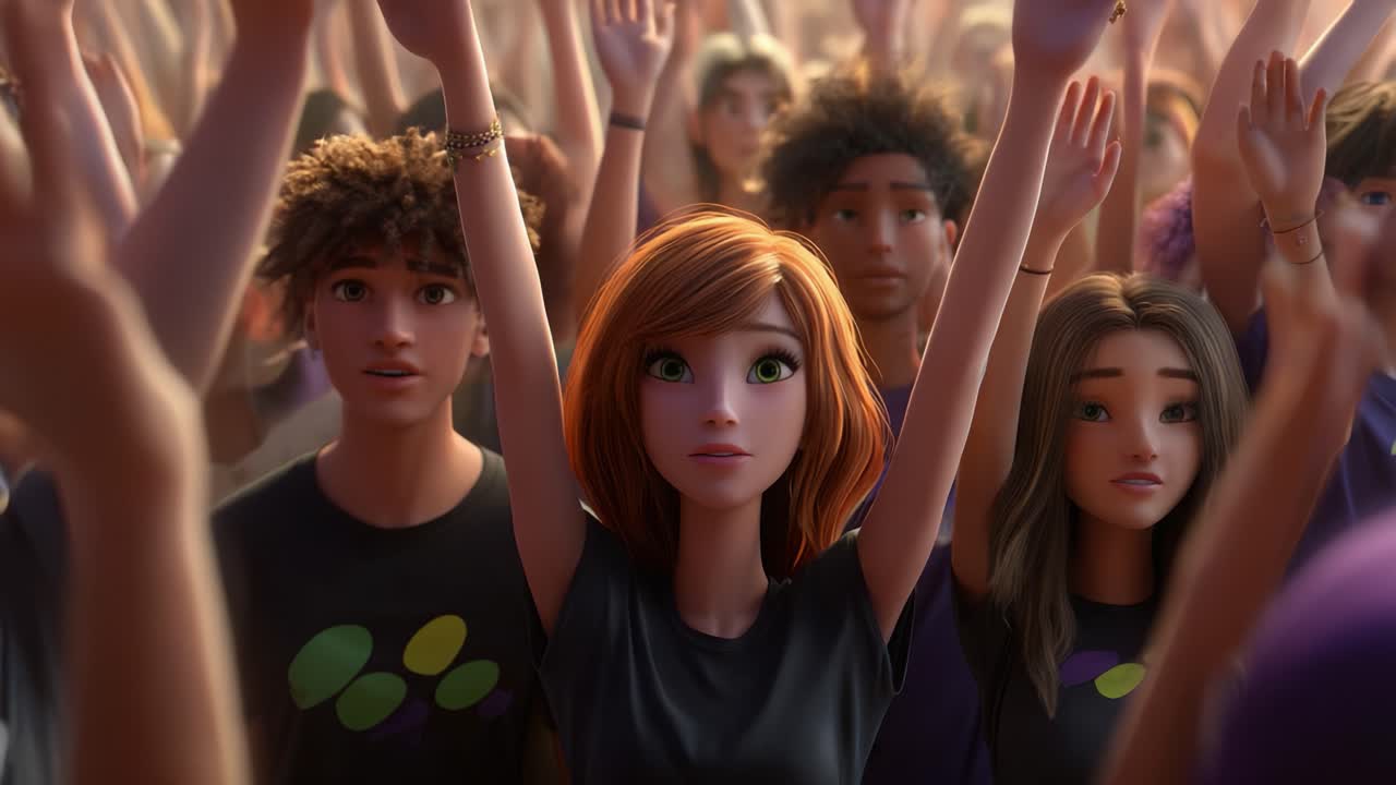 In a vibrant, animated crowd, the excitement builds as fans raise their hands in anticipation, uniting in a moment of joy and celebration, embodying the spirit of togetherness