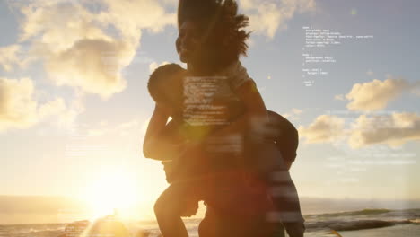 Animation-of-data-processing-over-african-american-couple-at-beach