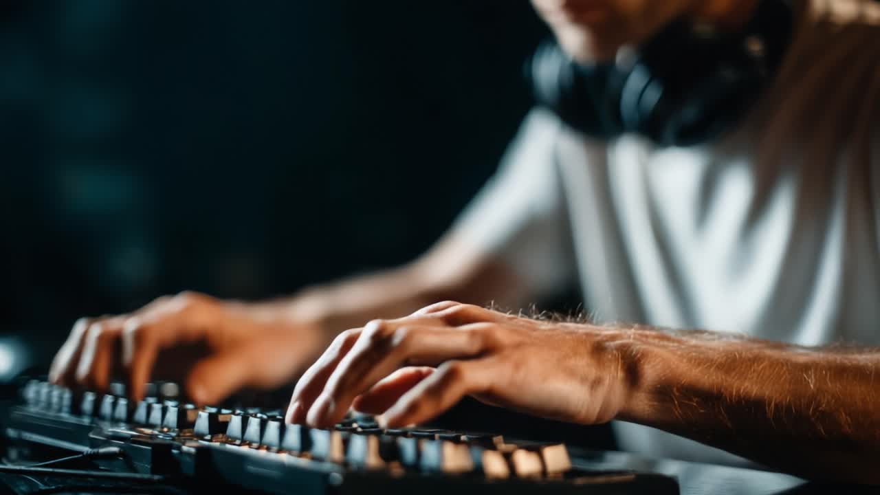 Focused individual engaged in digital creation, expertly navigating a keyboard with precision while wearing headphones, illuminated in a moody and atmospheric environment