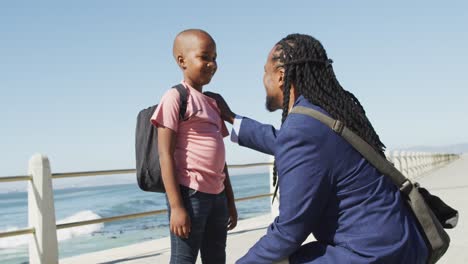 Video-of-happy-african-american-father-and-son-talking-by-sea