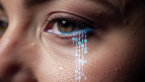 a close-up of an eye with digital elements showcasing a blend of human emotion and advanced technology, highlighting the intersection of humanity and digital innovation