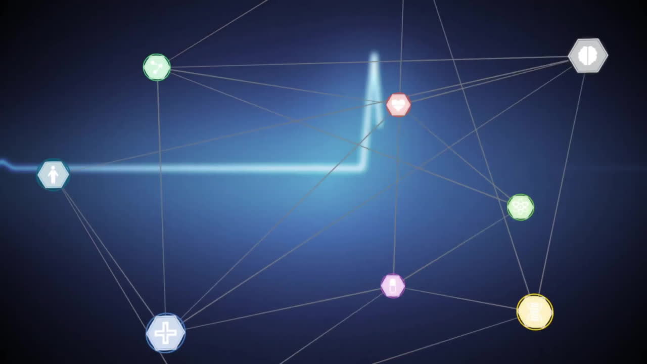 animación de la red de conexiones con con iconos sobre cardiógrafo en fondo negro