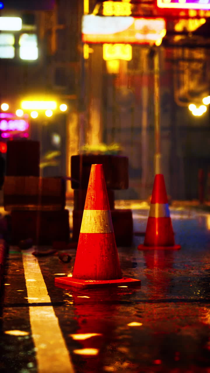 밤 에 은 도시 거리 에 있는 교통 콘