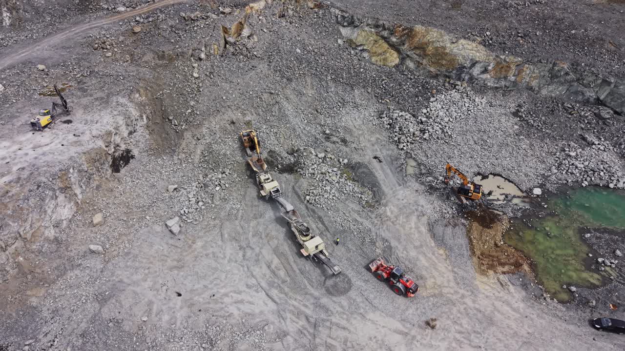 Aerial View of Heavy Machinery and Rock Crushing in a Quarry