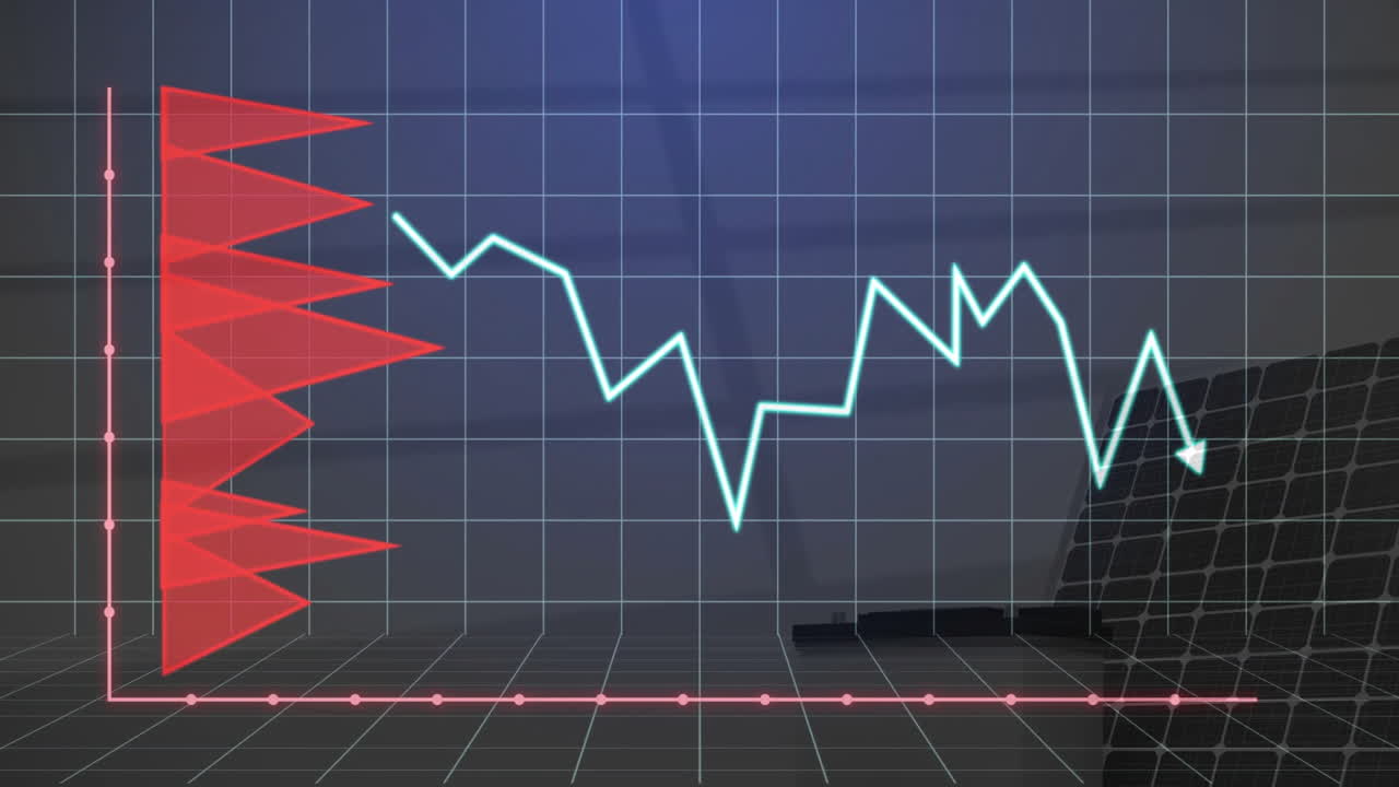 Financial graph and data analysis animation over office background with laptop