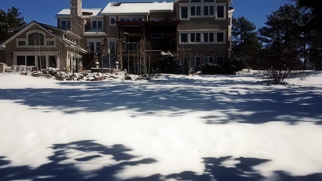 콜로라도 스프링스의 검은 숲에 있는 산 맨션의 지붕과 눈 덮인 마당 위에 전망대를 통해 드론이 발사되었습니다.