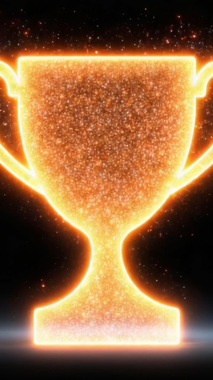 Una forma di trofeo scintillante e affascinante, creata da particelle di luce luccicanti, simboleggia il successo, la vittoria e la realizzazione in uno splendido spettacolo cosmico di colori e luminosità.