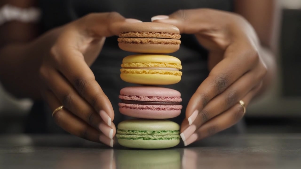 Chef pastelero apilando coloridos macarons franceses en una cocina