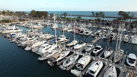 luxury sailboats moored at dana point marina with pacific ocean in backgound, aerial ascending view