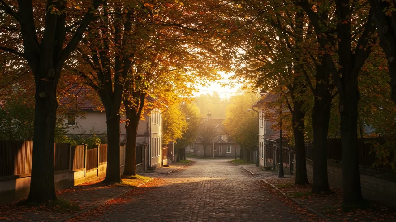 A Serene Autumn Evening: Warm Sunlight Filters Through Glowing Trees, Illuminating a Quiet Cobblestone Street Lined with Charming Houses and Vibrant Fall Foliage