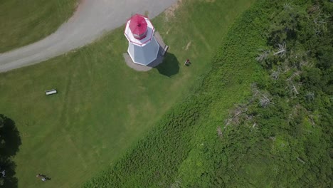 Drone-shot-view-from-above-of-Cape-George-Lighthouse-in-Nova-Scotia-in-Canada-during-the-day