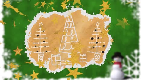 animation of start moving over christmas trees and blurred green background with snowman