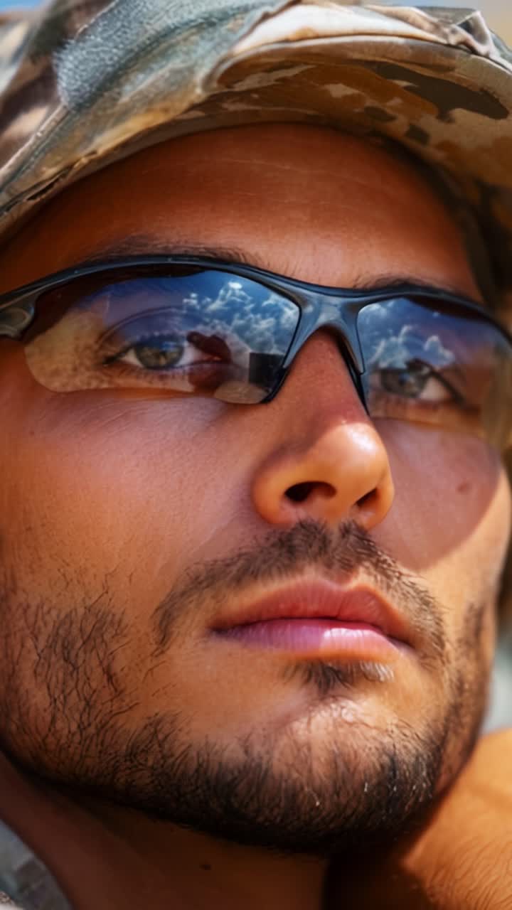 A close-up portrait of a soldier wearing sunglasses and a camouflage cap, reflecting the clouds in the lenses, showcasing determination and focus in a scenic backdrop