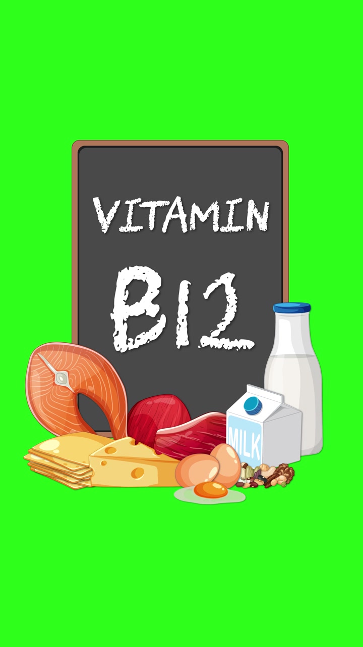 Kara tahta yazısı ve B12 vitamini açısından zengin yiyecekler, parlak yeşil bir arka plan üzerinde canlanıyor, sabit kamera, düz stil.