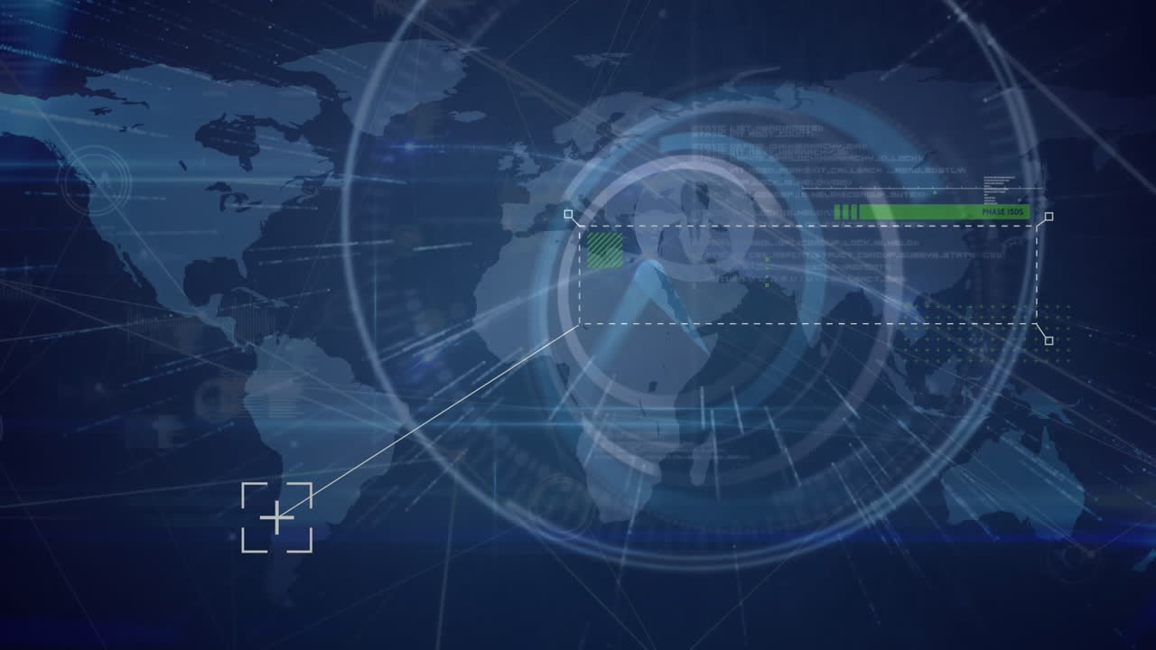 세계 지도 위에서 시계 이동과 데이터 처리의 애니메이션