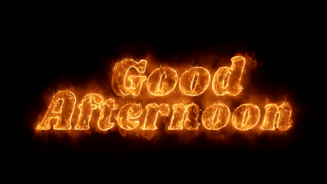 buenas tardes palabra animada caliente ardiendo fuego realista bucle de llama.