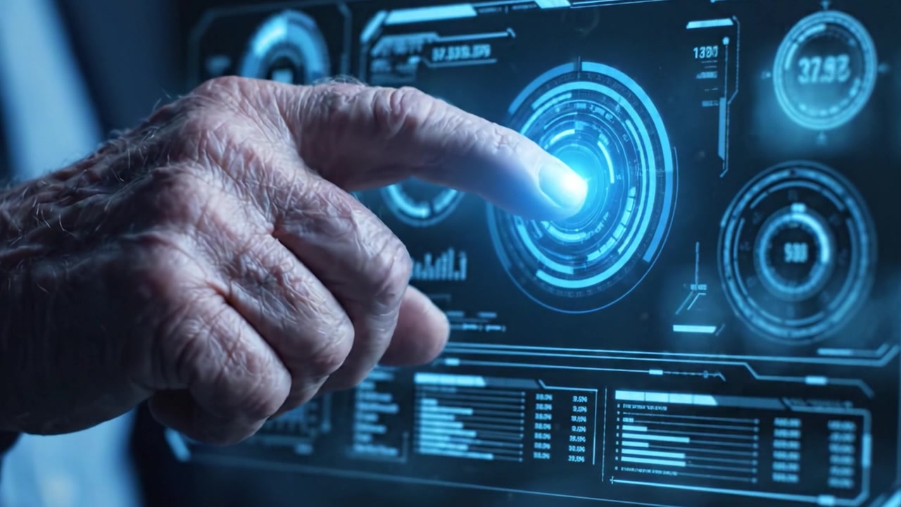 Un viaggio coinvolgente attraverso l'interfaccia digitale: un primo piano di una mano che naviga rappresentazioni grafiche avanzate di dati e visualizzazioni analitiche.