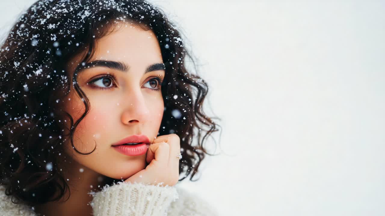 A Captivating Portrait of a Young Woman with Soft Curly Hair, Thoughtfully Posing Amidst Falling Snowflakes in a Serene Winter Wonderland Atmosphere