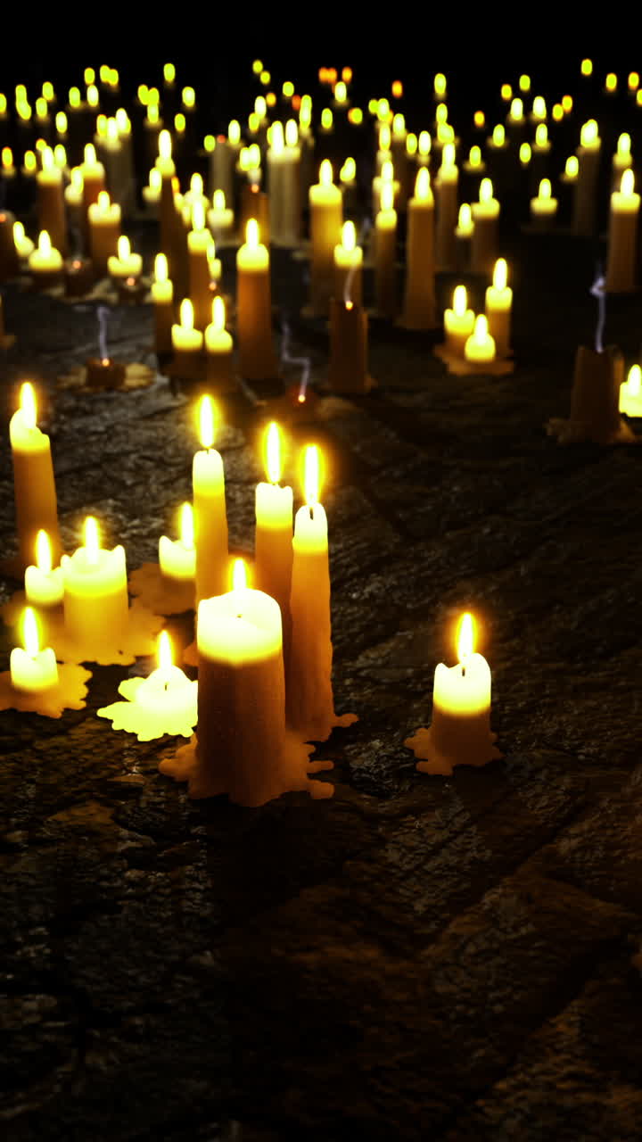 Candles illuminate a dark area creating a peaceful and reflective atmosphere