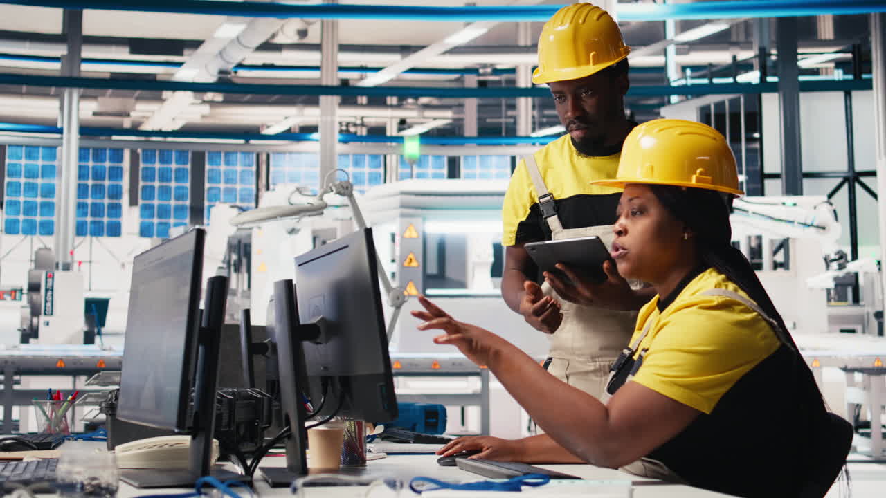 Vertical Video Black employees analyzing production line solar panels in photovoltaics factory