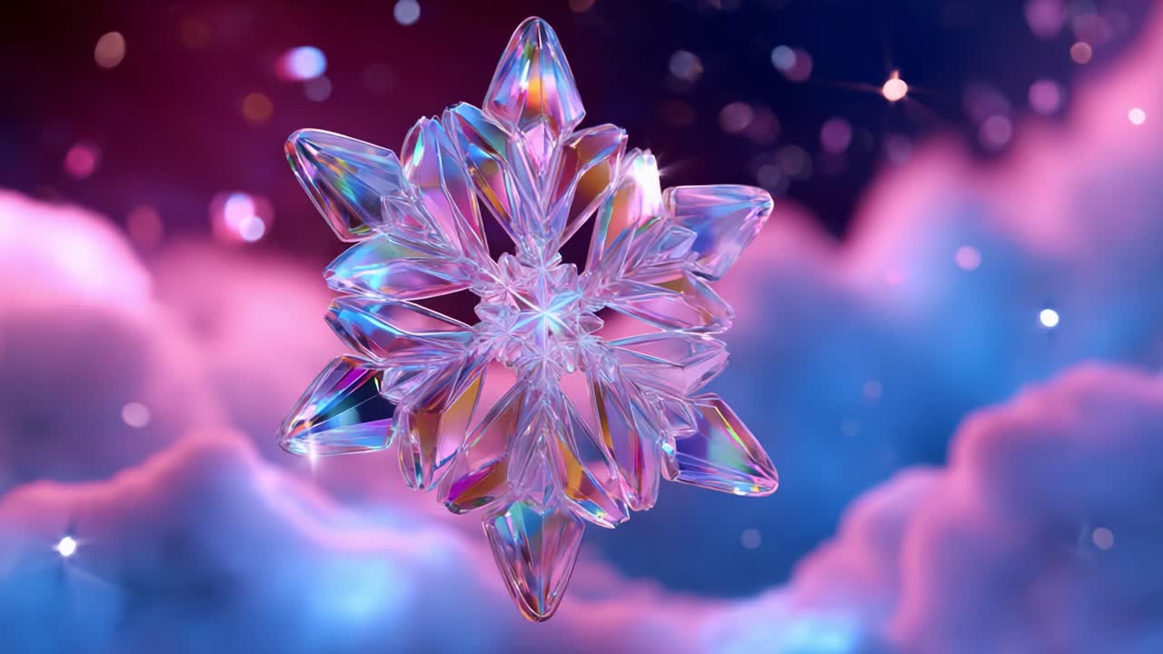 A Stunning Crystal Snowflake Surrounded by Enchanting Colorful Clouds and Sparkling Stars, Creating a Beautiful Winter Wonderland Vibe That Captivates the Imagination and Evokes a Sense of Wonder
