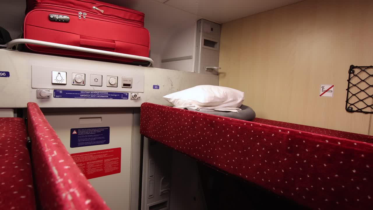 Traveling on a night jet train with beds and luggage