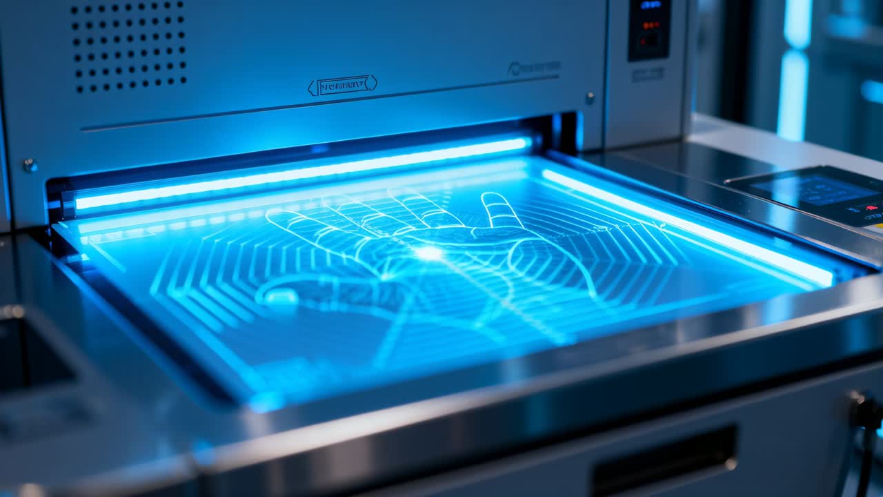 Biometrische Platte zeigt die Aktivierung einer blauen LED, ein pulsierendes Gitter und eine sich formende Handfläche zur Identifizierung im Labor.