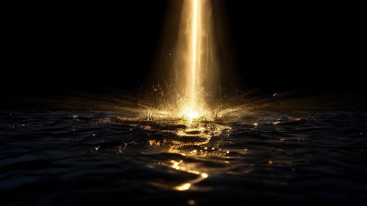 Raggio di luce dorata che illumina la superficie scura dell'acqua
