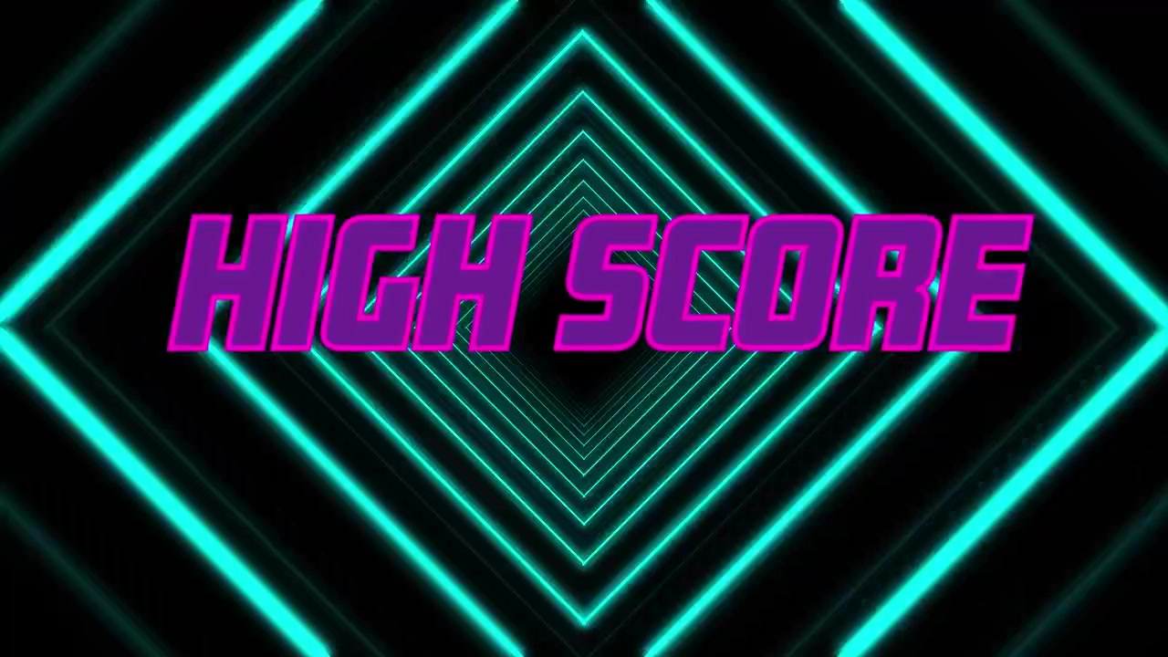 Animation of high score text over neon shapes on black background