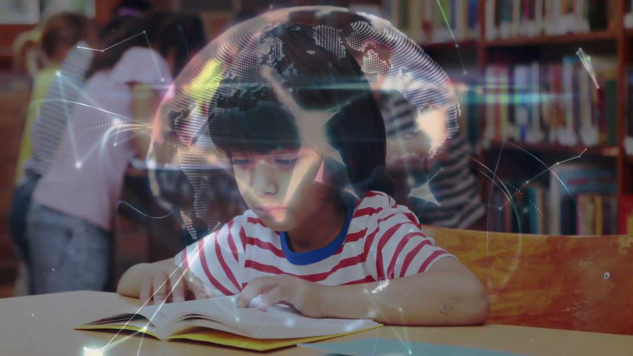 Girl reading open book in school library sparking digital network forming rotating globe overlay