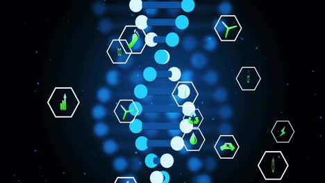 dna strand with eco-friendly icons, scientific data processing animation