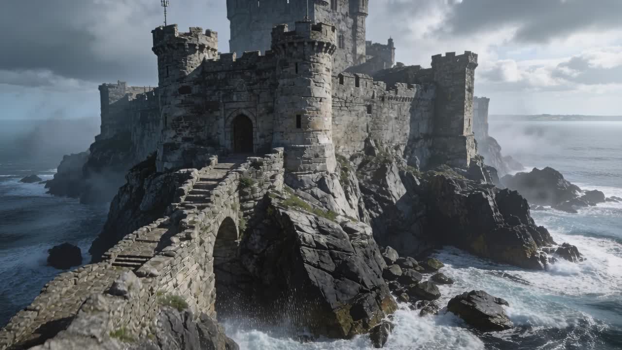 Telecamera che avanza rivela un castello di pietra su un isolotto, onde che si infrangono sulla strada rialzata e sull'ingresso ad arco.