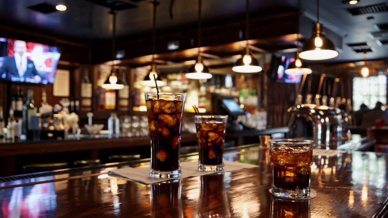 Three glasses with cola and ice cubes are sitting on a bar counter, with blurred background showing bar equipment, bottles and a tv screen