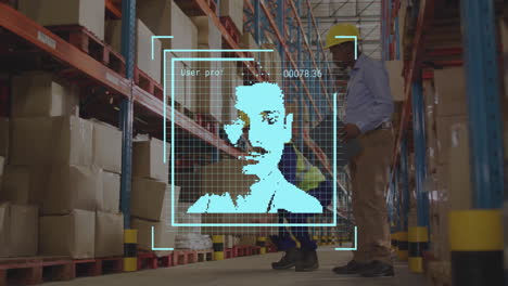 animación del procesamiento de datos con retratos de diversos trabajadores masculinos en el almacén