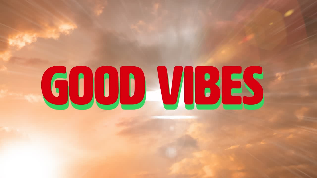 animación de buenas vibraciones texto sobre el cielo con sol y nubes
