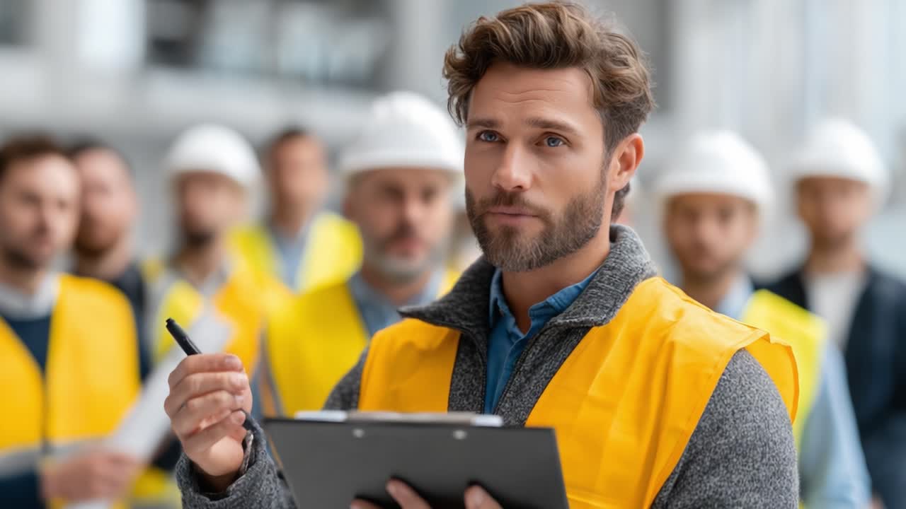 A Construction Supervisor Engagingly Briefs Team Members During a Project Meeting, Emphasizing Safety and Collaboration for Effective Work Progress