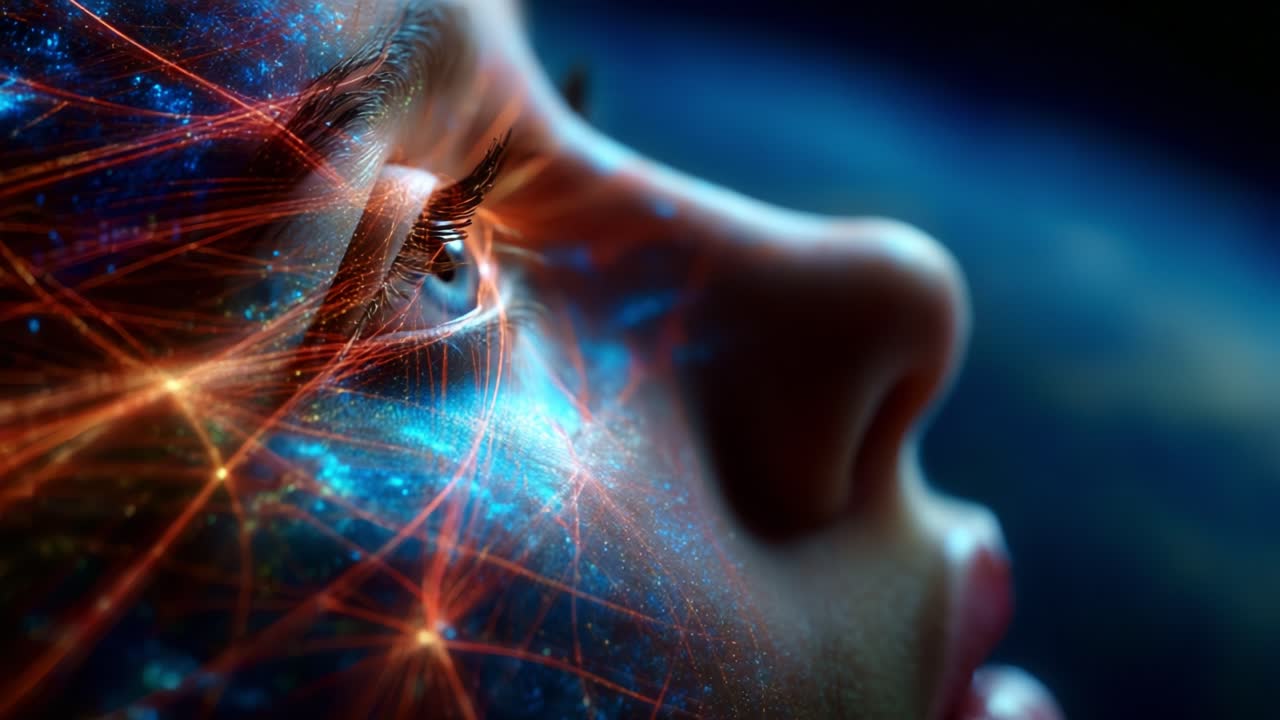 A mesmerizing close-up of a contemplative face illuminated with vibrant cosmic patterns, showcasing an intricate web of glowing lines and colors that symbolize the connection between consciousness and the universe