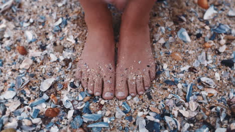 Nahaufnahme-Von-Frauenhänden,-Die-Muscheln-Halten-Und-Die-Wunderschöne-Natürliche-Vielfalt-Am-Strand-Genießen.-Tourist,-Der-Schöne-Muscheln-Sammelt