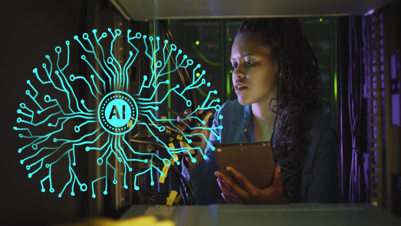 Animation of ai brain and data over african american it woman by computer servers