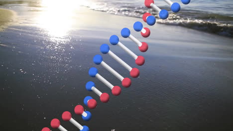 dna strand animation over ocean waves on sandy beach background