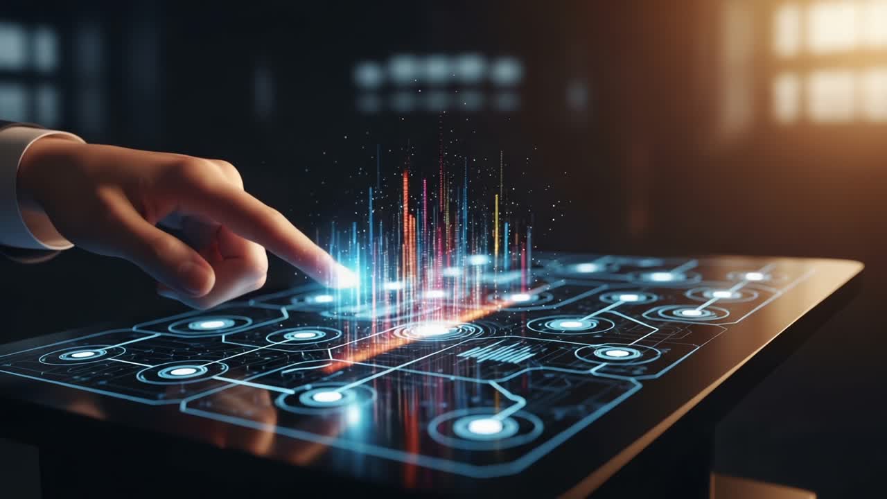 Exploring Advanced Technology: A Hand Interacting with a 3D Data Visualization Interface Displaying Dynamic Patterns and Vibrant Colors in a Digital Environment