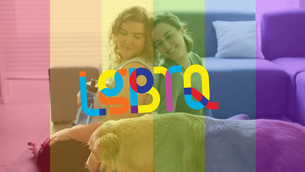 animación de lgbtq sobre una feliz pareja de lesbianas caucásicas con perro en casa