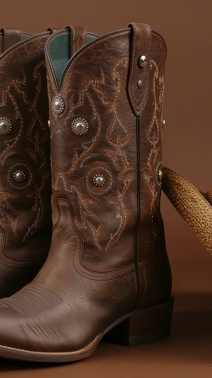 Vertical video: Camera capturing cowboy boots with conchos on studio table and straw hat brim
