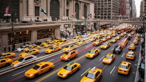 busy new york city street with yellow taxis and grand central terminal
