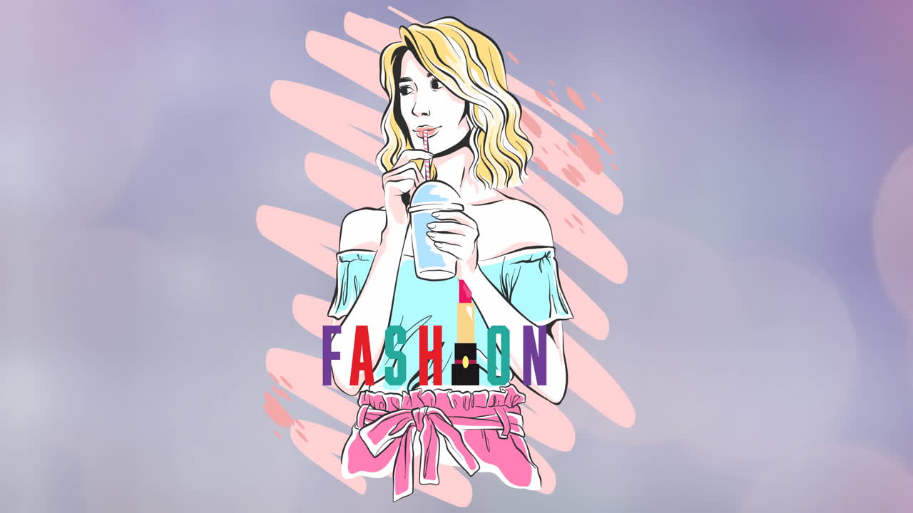 Animation of woman drinking shake with fashion text on blue background