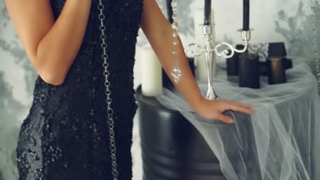 woman wearing in shiny dress. stunning woman wearing beautiful shiny dress