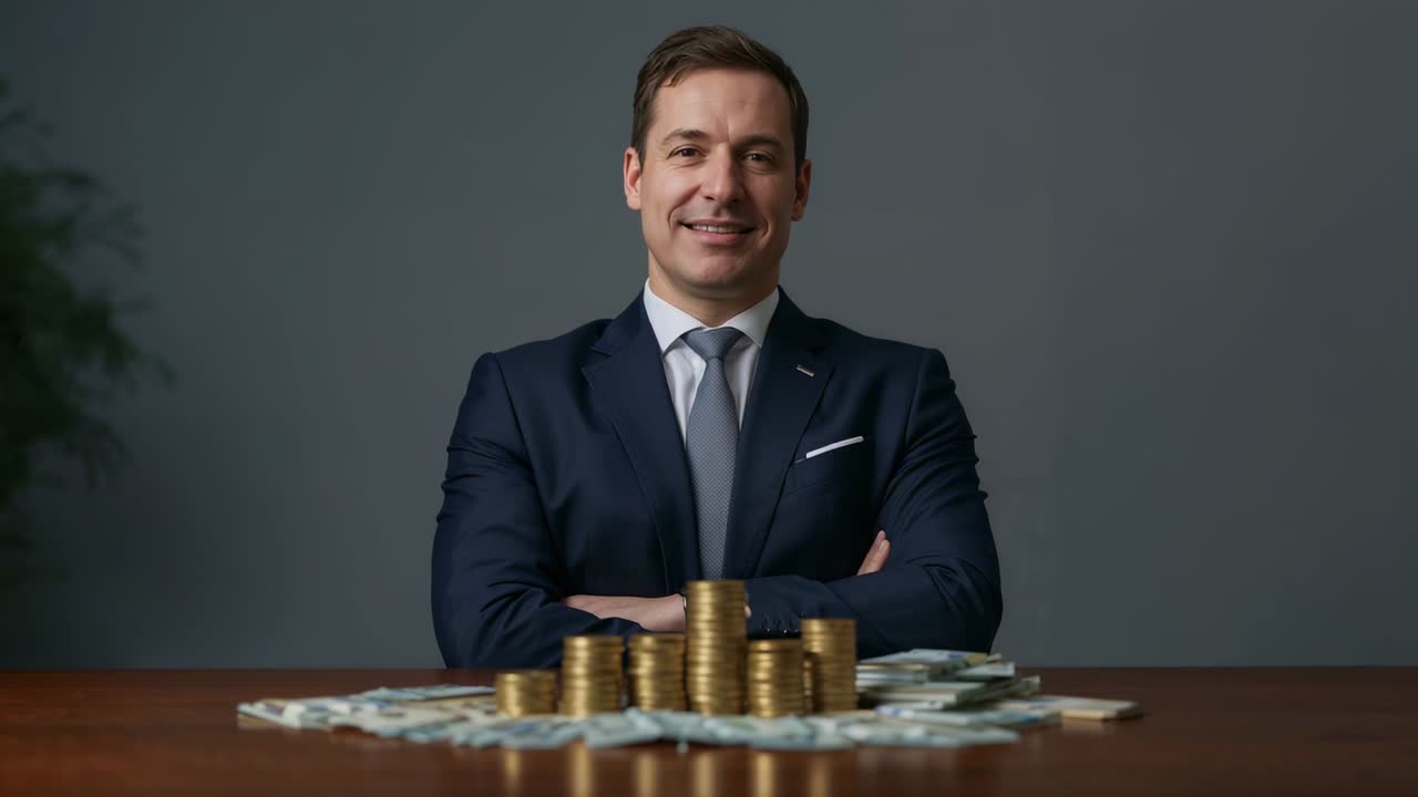 Camera rolling businessman straightening tie and smiling at office desk with gold coins and cash